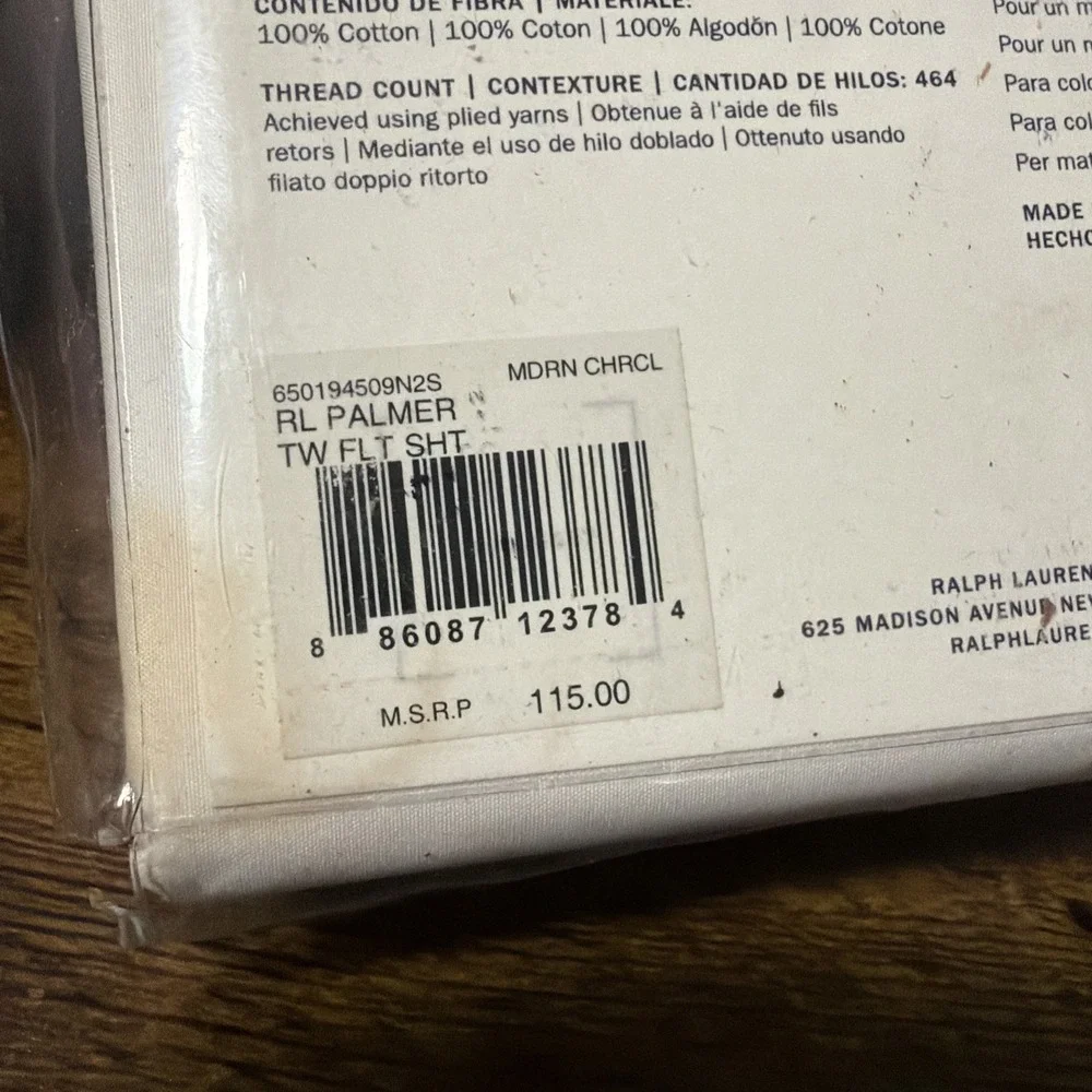 NEW Ralph Lauren Palmer Twin Flat Sheet White & Charcoal, 100% Cotton Percale